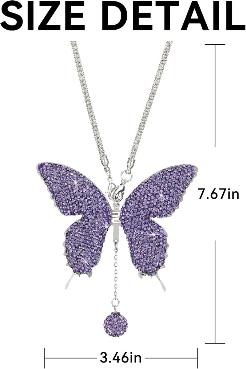 Couslcd Bling Butterfly Diamond Car Accessories, Crystal Car Rear View Mirror Charms for Women, Car Decoration Lucky Gifts Hanging Interior Crystal Ornament Pendant Decor for All Cars (Purple) - Image 2